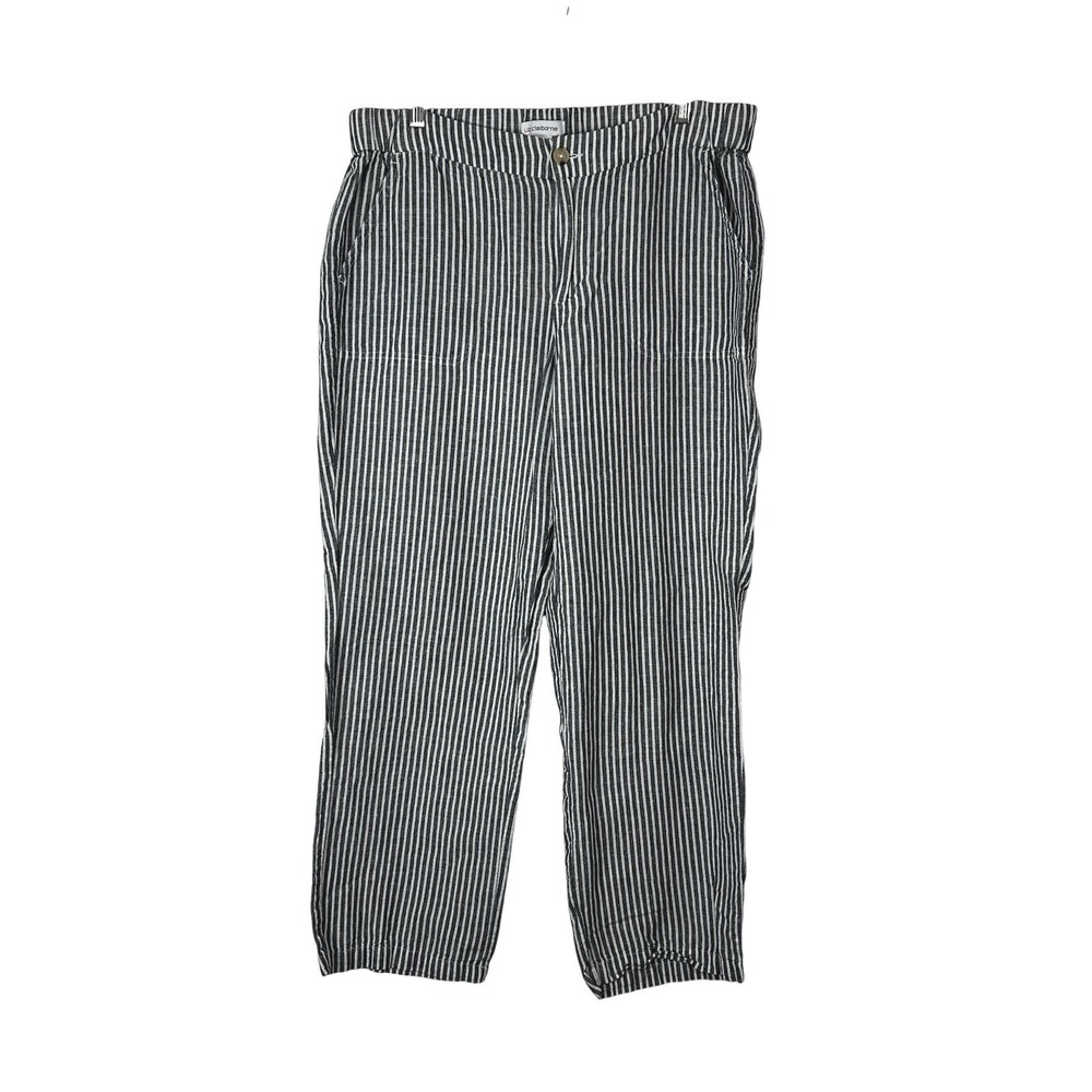 Liz Claiborne Linen Cotton Pants Women's‎ Large Striped Blue White Pocket Beachy